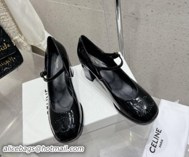 Best Product Celine Patent Leather Mary Janes Pumps 7cm with Perforated Logo Black 012018