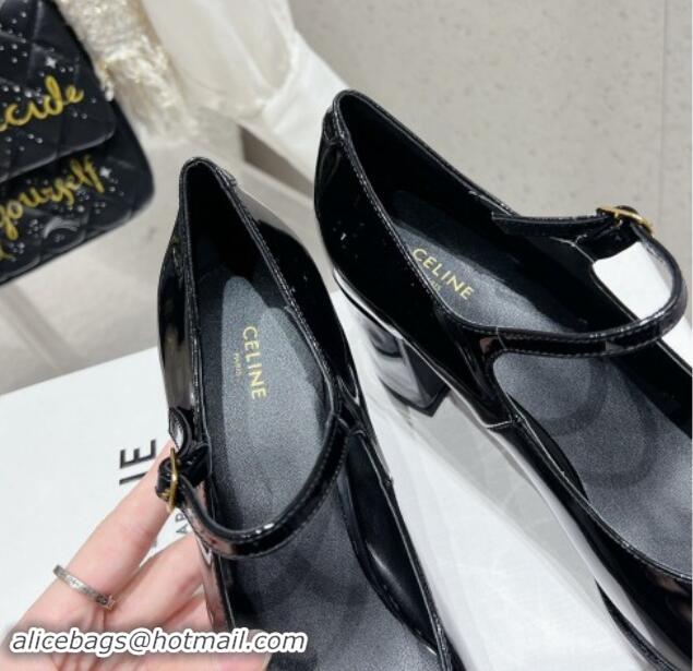 Best Product Celine Patent Leather Mary Janes Pumps 7cm with Perforated Logo Black 012018