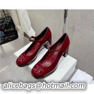 Luxury Celine Patent Leather Mary Janes Pumps 7cm with Perforated Logo Dark Red 012019