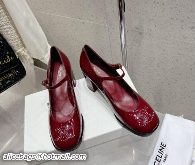 Luxury Celine Patent Leather Mary Janes Pumps 7cm with Perforated Logo Dark Red 012019