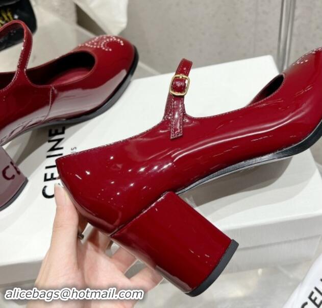 Luxury Celine Patent Leather Mary Janes Pumps 7cm with Perforated Logo Dark Red 012019