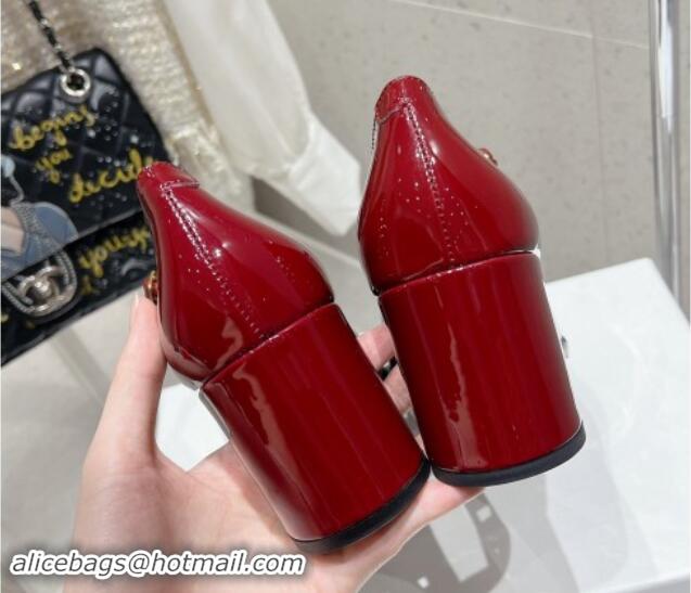 Luxury Celine Patent Leather Mary Janes Pumps 7cm with Perforated Logo Dark Red 012019