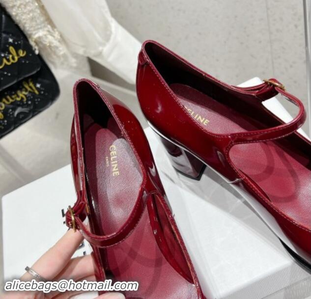 Luxury Celine Patent Leather Mary Janes Pumps 7cm with Perforated Logo Dark Red 012019