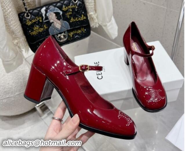 Luxury Celine Patent Leather Mary Janes Pumps 7cm with Perforated Logo Dark Red 012019