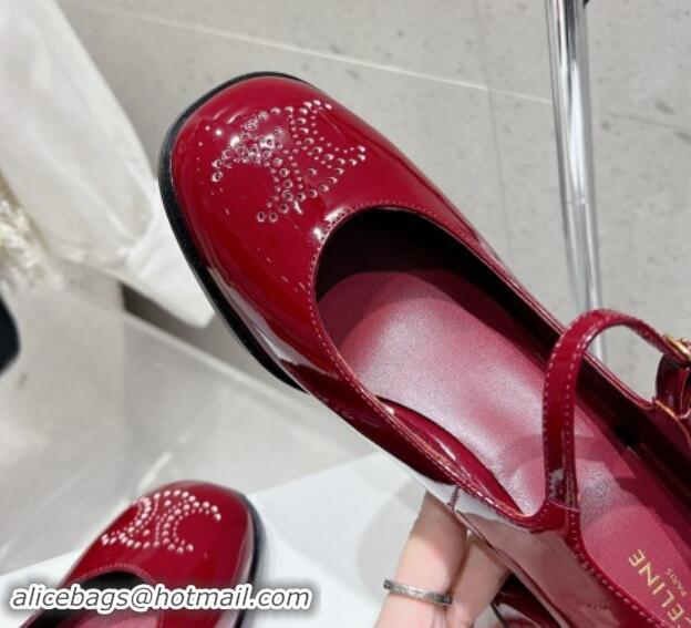 Luxury Celine Patent Leather Mary Janes Pumps 7cm with Perforated Logo Dark Red 012019