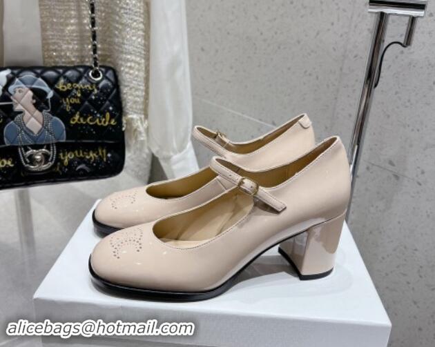 Durable Celine Patent Leather Mary Janes Pumps 7cm with Perforated Logo Beige 012020