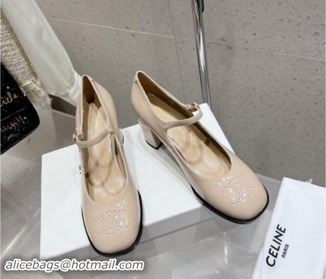 Durable Celine Patent Leather Mary Janes Pumps 7cm with Perforated Logo Beige 012020