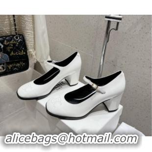 Luxurious Celine Patent Leather Mary Janes Pumps 7cm with Perforated Logo White 012021