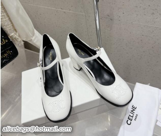 Luxurious Celine Patent Leather Mary Janes Pumps 7cm with Perforated Logo White 012021