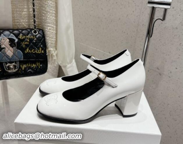 Luxurious Celine Patent Leather Mary Janes Pumps 7cm with Perforated Logo White 012021