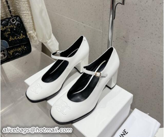 Luxurious Celine Patent Leather Mary Janes Pumps 7cm with Perforated Logo White 012021