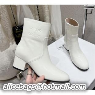 Good Quality Celine Les Bottes Triomphe Zipped Ankle Boots 5.5cm in Patent Calfskin White 012023