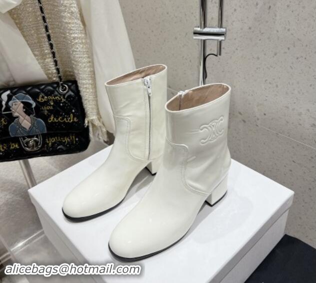 Good Quality Celine Les Bottes Triomphe Zipped Ankle Boots 5.5cm in Patent Calfskin White 012023