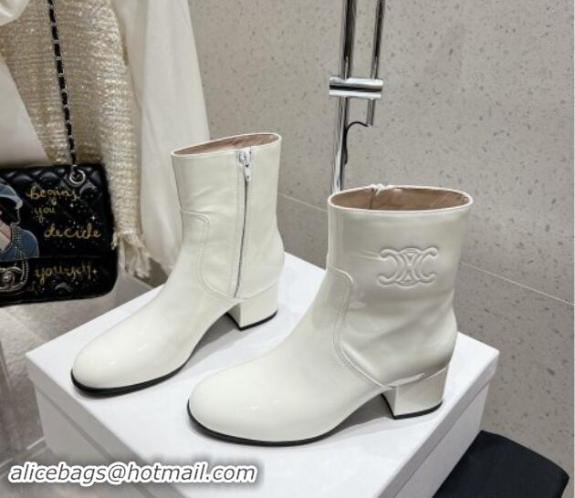 Good Quality Celine Les Bottes Triomphe Zipped Ankle Boots 5.5cm in Patent Calfskin White 012023