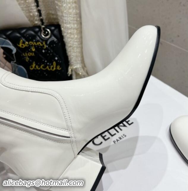 Good Quality Celine Les Bottes Triomphe Zipped Ankle Boots 5.5cm in Patent Calfskin White 012023