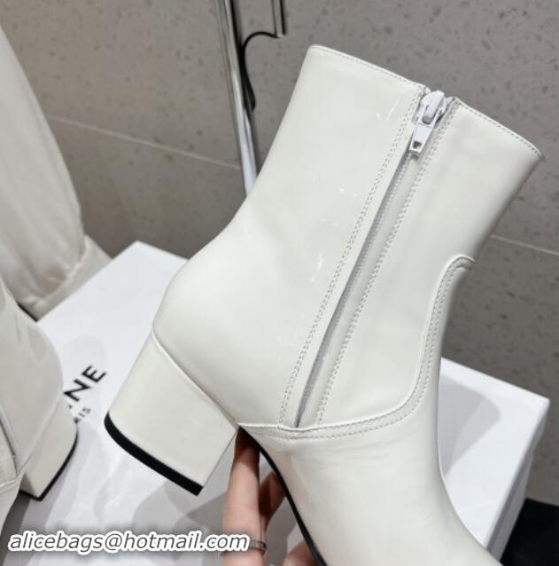 Good Quality Celine Les Bottes Triomphe Zipped Ankle Boots 5.5cm in Patent Calfskin White 012023