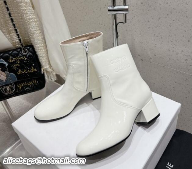 Good Quality Celine Les Bottes Triomphe Zipped Ankle Boots 5.5cm in Patent Calfskin White 012023