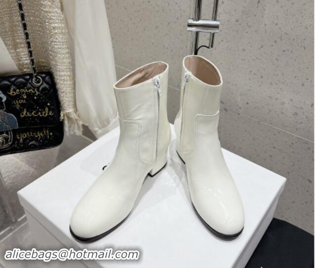 Good Quality Celine Les Bottes Triomphe Zipped Ankle Boots 5.5cm in Patent Calfskin White 012023