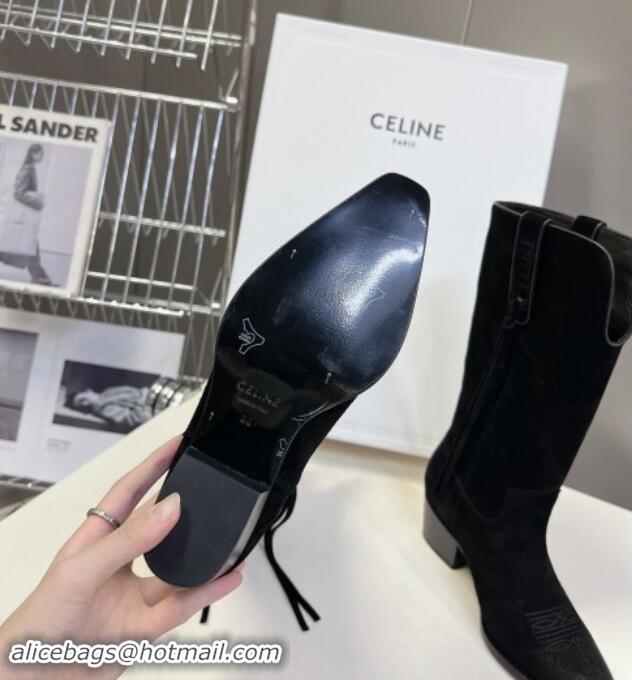 Sophisticated Celine Suede Medium Boots 4.5cm with Tassel Black 012025