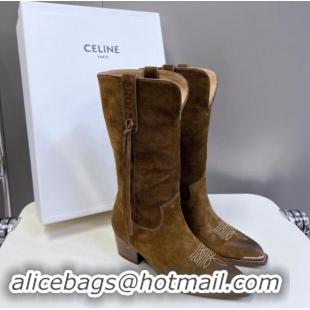 Best Grade Celine Suede Medium Boots 4.5cm with Tassel Brown 1012026