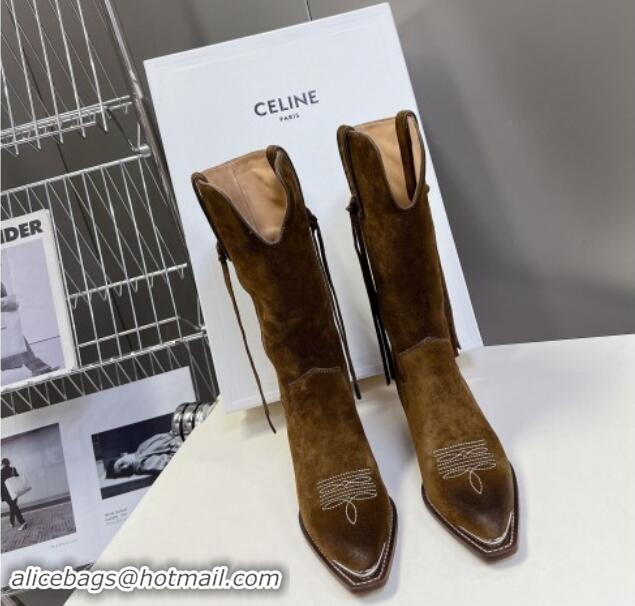 Best Grade Celine Suede Medium Boots 4.5cm with Tassel Brown 1012026