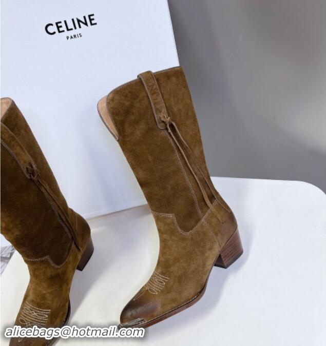 Best Grade Celine Suede Medium Boots 4.5cm with Tassel Brown 1012026