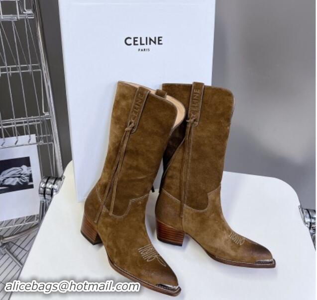 Best Grade Celine Suede Medium Boots 4.5cm with Tassel Brown 1012026