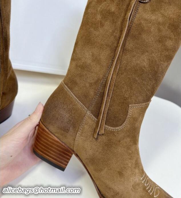 Best Grade Celine Suede Medium Boots 4.5cm with Tassel Brown 1012026