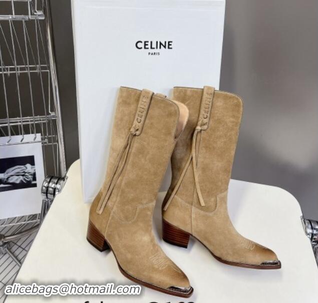 Charming Celine Suede Medium Boots 4.5cm with Tassel Beige 1012028