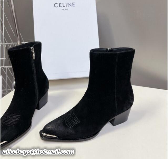 Grade Quality Celine Suede Ankle Boots 4.5cm with Metal-Tone Charm Black 1012030