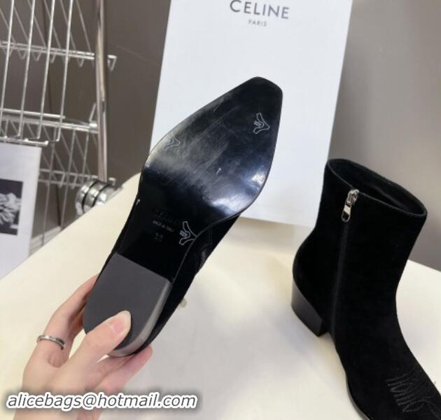 Grade Quality Celine Suede Ankle Boots 4.5cm with Metal-Tone Charm Black 1012030