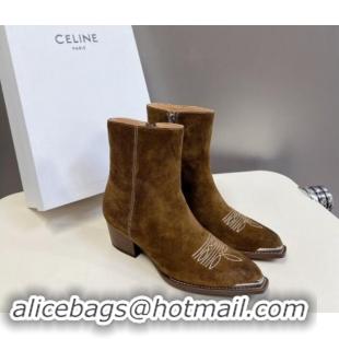 Fashion Luxury Celine Suede Ankle Boots 4.5cm with Metal-Tone Charm Brown 1012032