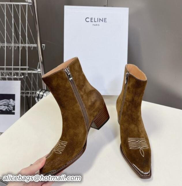 Fashion Luxury Celine Suede Ankle Boots 4.5cm with Metal-Tone Charm Brown 1012032