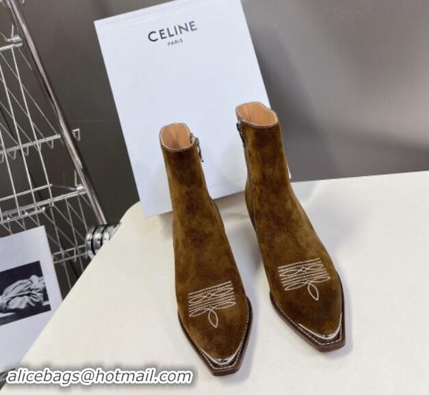 Fashion Luxury Celine Suede Ankle Boots 4.5cm with Metal-Tone Charm Brown 1012032