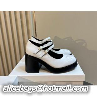 Luxury Cheap Celine Patent Leather Platform Mary Janes Pumps with Perforated Logo White 1012034