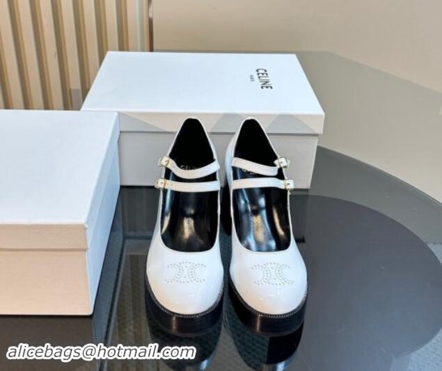 Luxury Cheap Celine Patent Leather Platform Mary Janes Pumps with Perforated Logo White 1012034