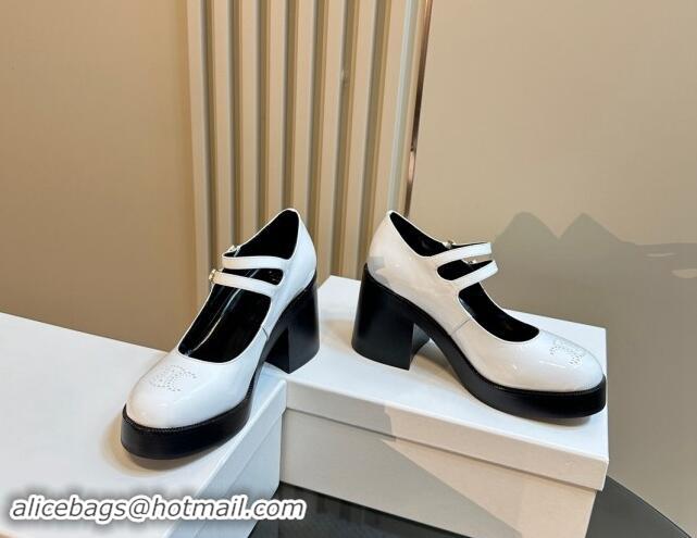 Luxury Cheap Celine Patent Leather Platform Mary Janes Pumps with Perforated Logo White 1012034