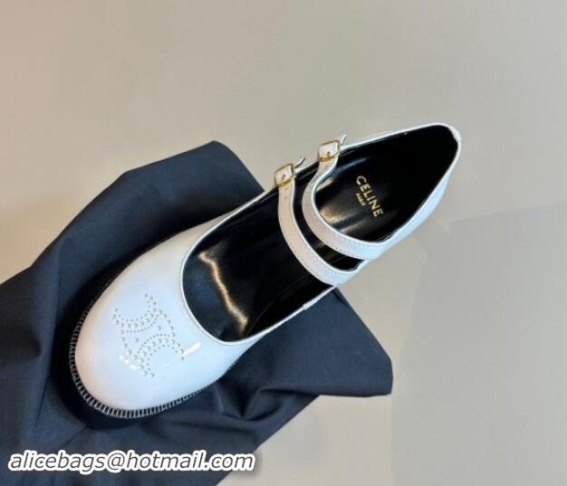 Luxury Cheap Celine Patent Leather Platform Mary Janes Pumps with Perforated Logo White 1012034