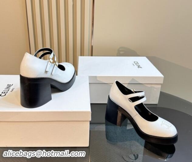 Luxury Cheap Celine Patent Leather Platform Mary Janes Pumps with Perforated Logo White 1012034