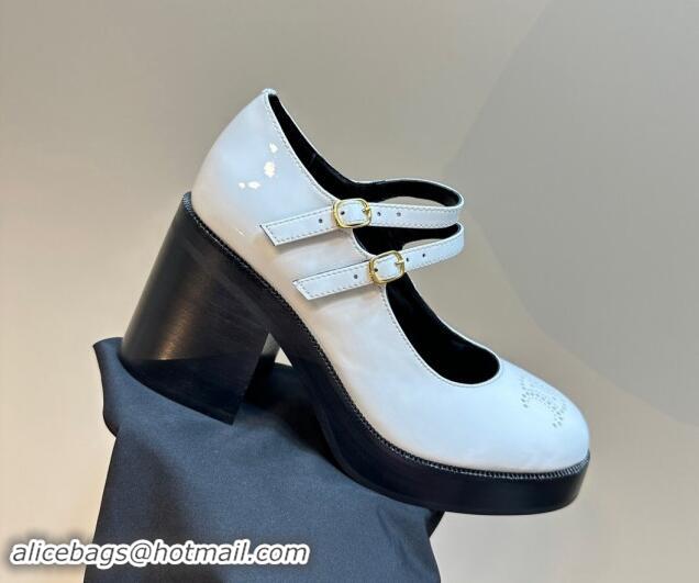 Luxury Cheap Celine Patent Leather Platform Mary Janes Pumps with Perforated Logo White 1012034