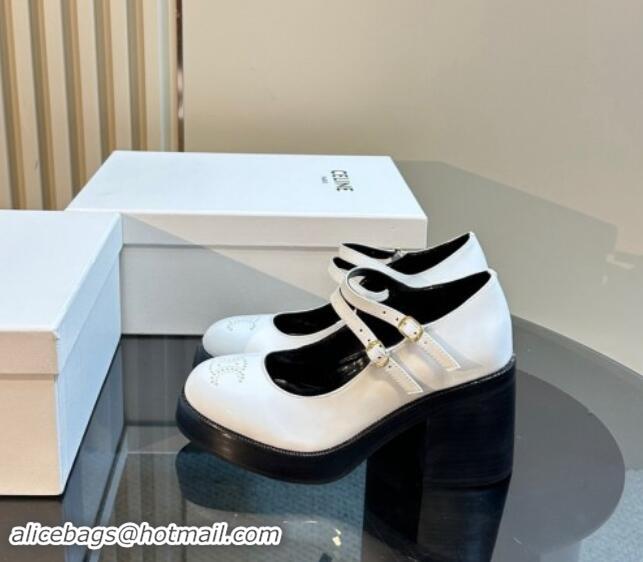 Luxury Cheap Celine Patent Leather Platform Mary Janes Pumps with Perforated Logo White 1012034