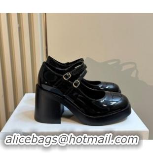 Luxury Celine Patent Leather Platform Mary Janes Pumps with Perforated Logo Black 1012035