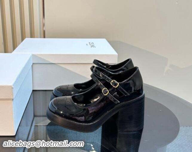 Luxury Celine Patent Leather Platform Mary Janes Pumps with Perforated Logo Black 1012035