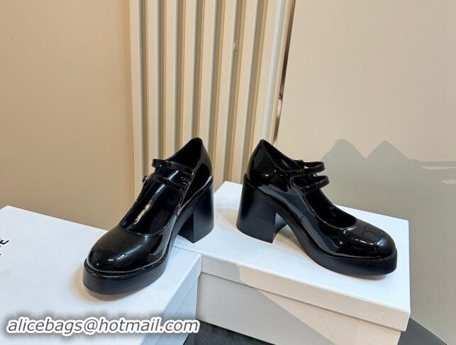 Luxury Celine Patent Leather Platform Mary Janes Pumps with Perforated Logo Black 1012035