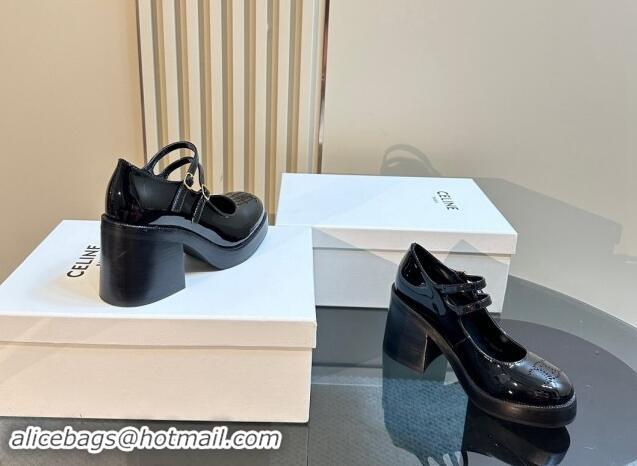 Luxury Celine Patent Leather Platform Mary Janes Pumps with Perforated Logo Black 1012035