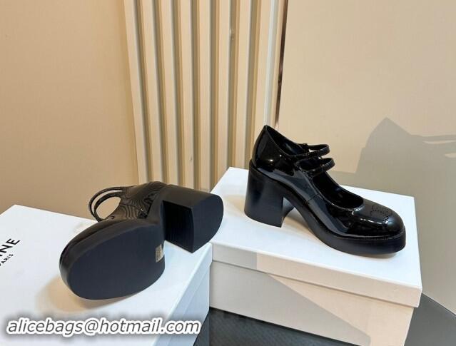 Luxury Celine Patent Leather Platform Mary Janes Pumps with Perforated Logo Black 1012035