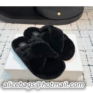 Purchase Celine Wool Flat Slides Sandal with Cross Strap Black 1112062