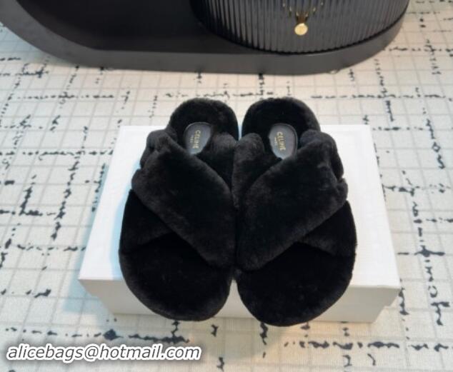 Purchase Celine Wool Flat Slides Sandal with Cross Strap Black 1112062