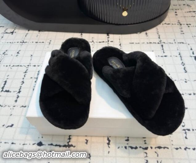 Purchase Celine Wool Flat Slides Sandal with Cross Strap Black 1112062