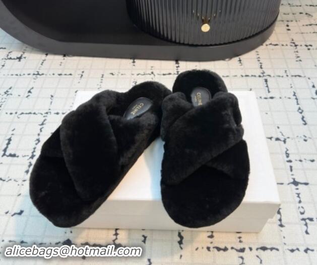 Purchase Celine Wool Flat Slides Sandal with Cross Strap Black 1112062